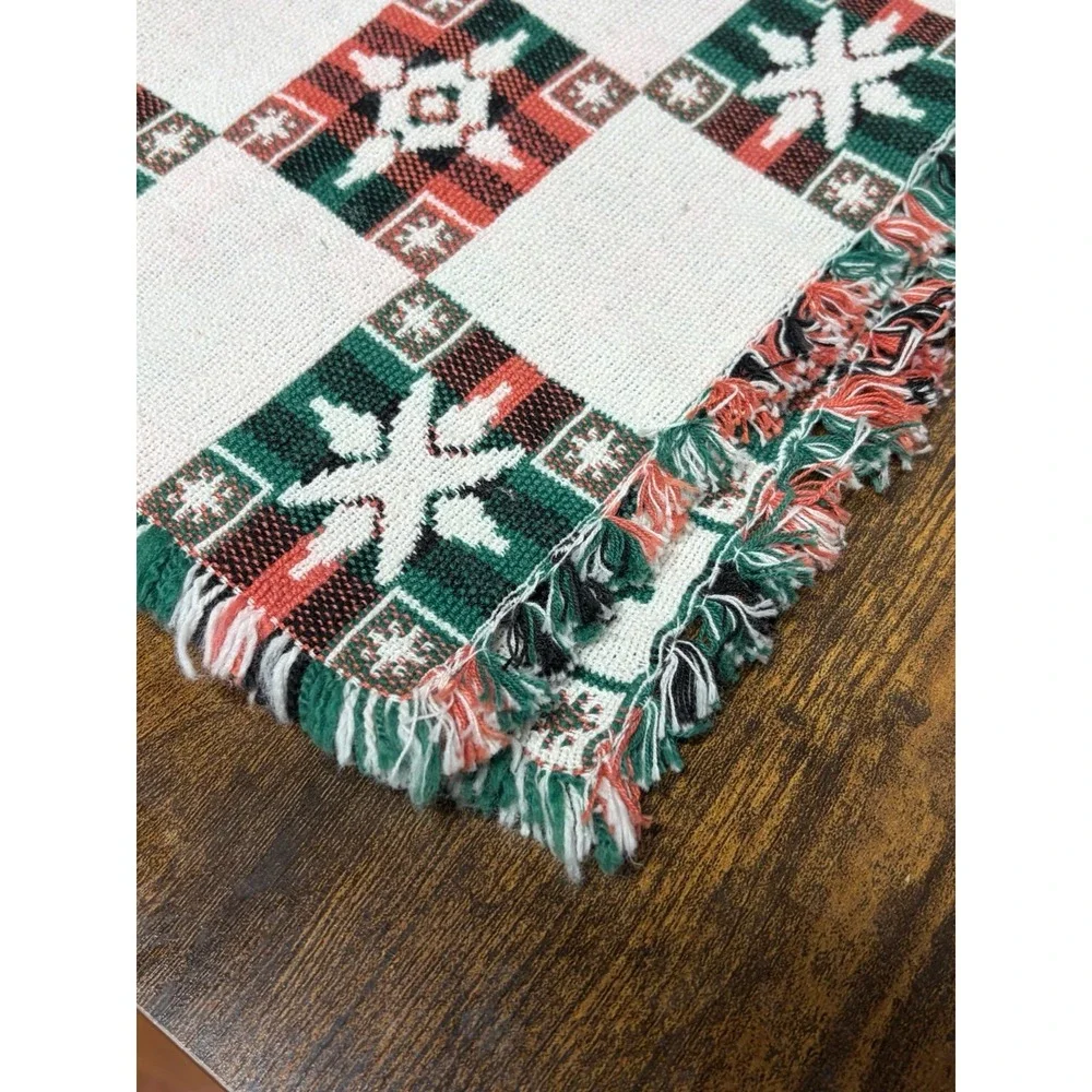 VTG Woven Christmas Placemats Set 6 Red Plaid Snowflake Cottagecore Fringe‎ Red